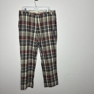 Lands End Plaid Pants Mens 38x32 Linen Blend Straight Leg Preppy Tailored Fit